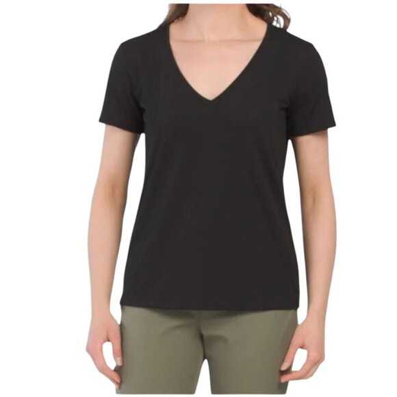 THEORY Women's Atmos Light Short Sleeve V-Neck Tee Shirt Top Black Medium NWT - Picture 2 of 14
